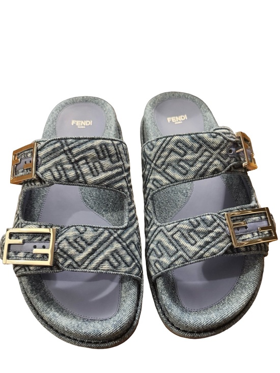 Fendi Shoes - Fendi Feel Denim-Effect FF Jacquard Double-Buckle Slides NIB